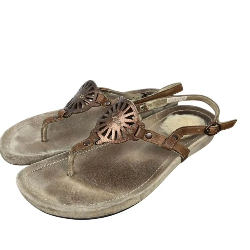 UGG T Strap Medallion Sandals Women's Sz 8 Bronze Brown Ankle Strap Fur Heel